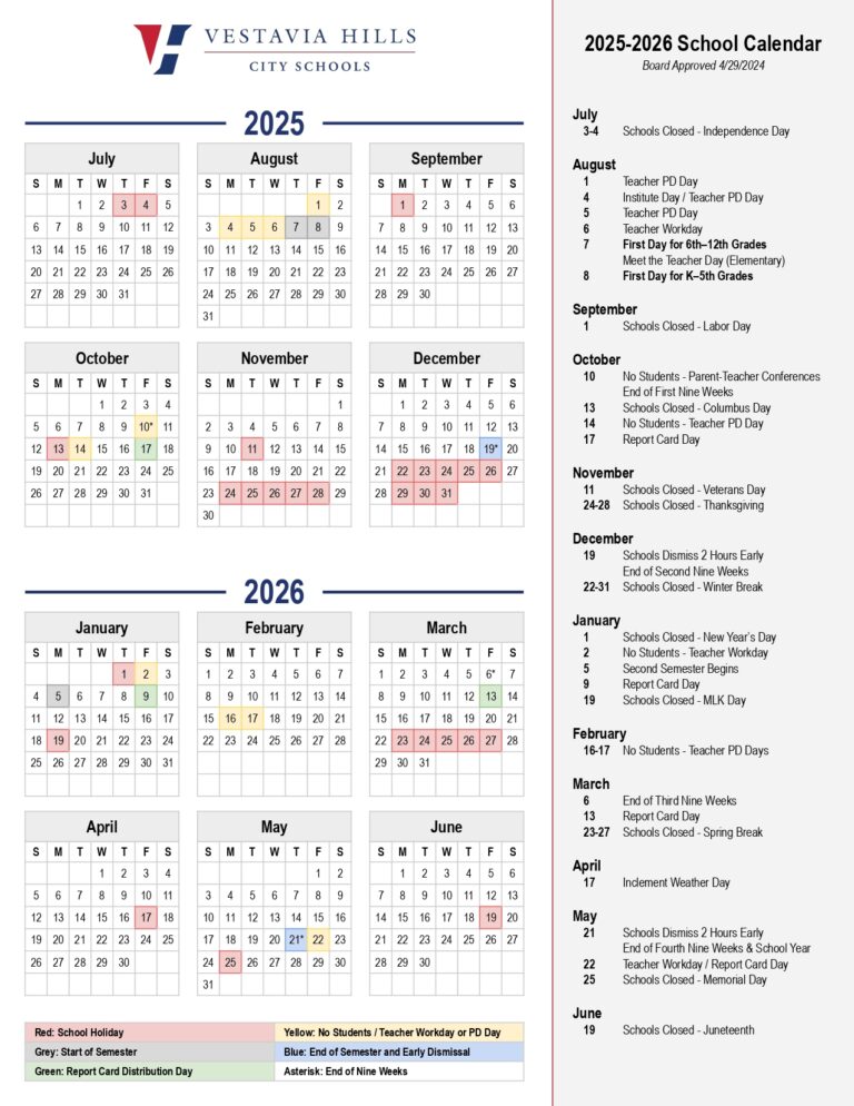 VESTAVIA HILLS CITY SCHOOLS Calendar 25-26 Revised [PDF] - EduCounty