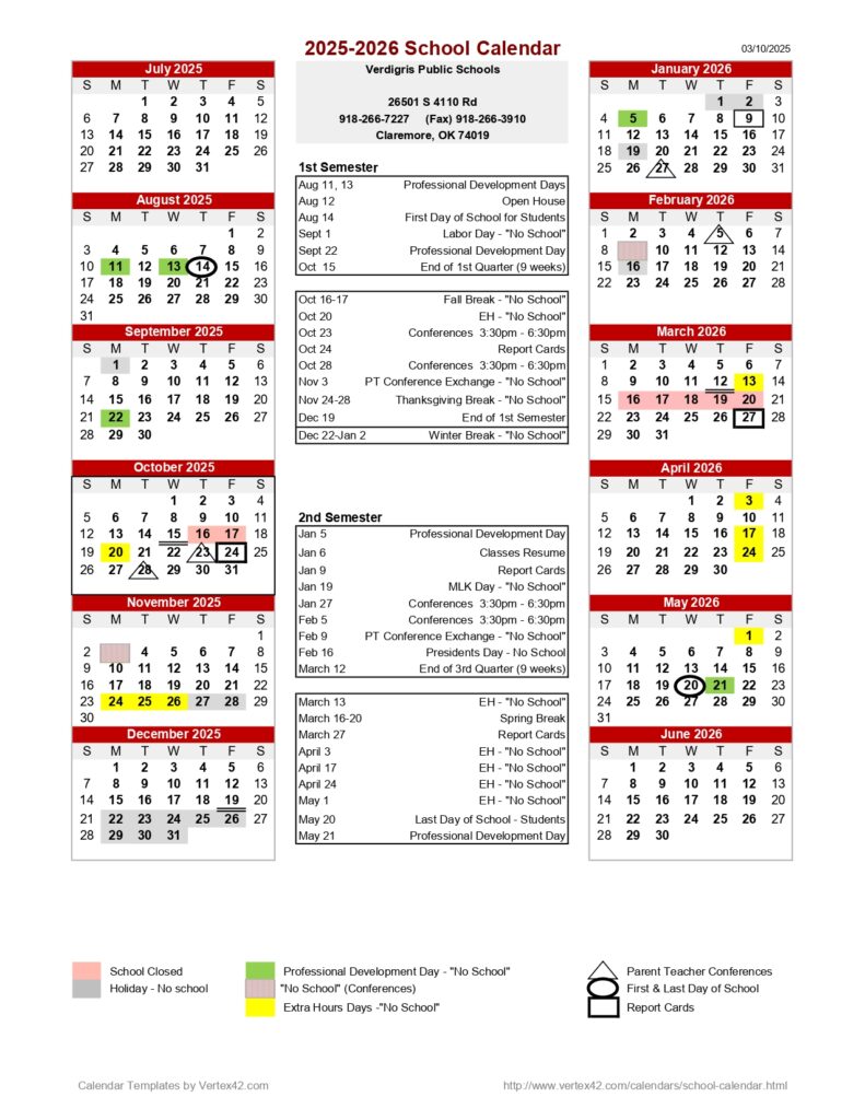 Verdigris Public Schools 25-26 calendar
