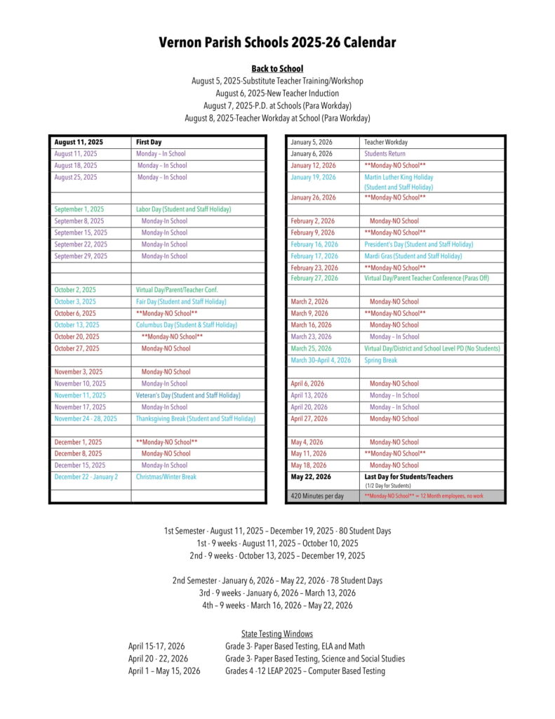 Vernon Parish Schools calendar