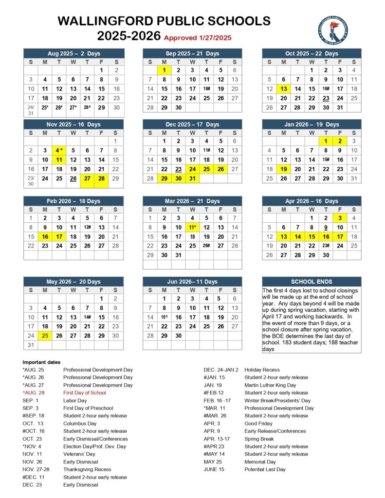 Wallingford Public Schools calendar
