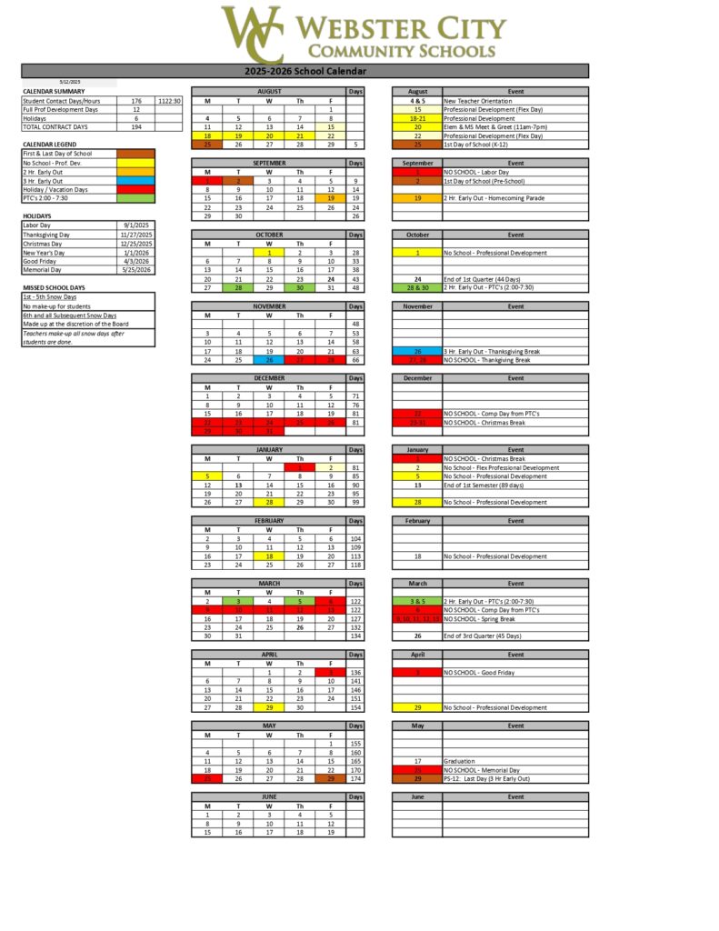 Webster City Community Schools calendar
