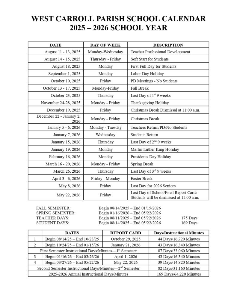 west carroll parish school board calendar