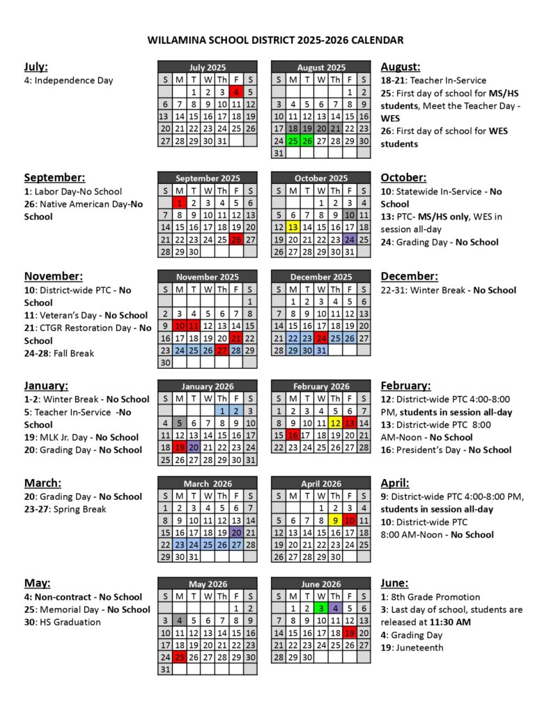 WILLAMINA SCHOOL DISTRICT CALENDAR