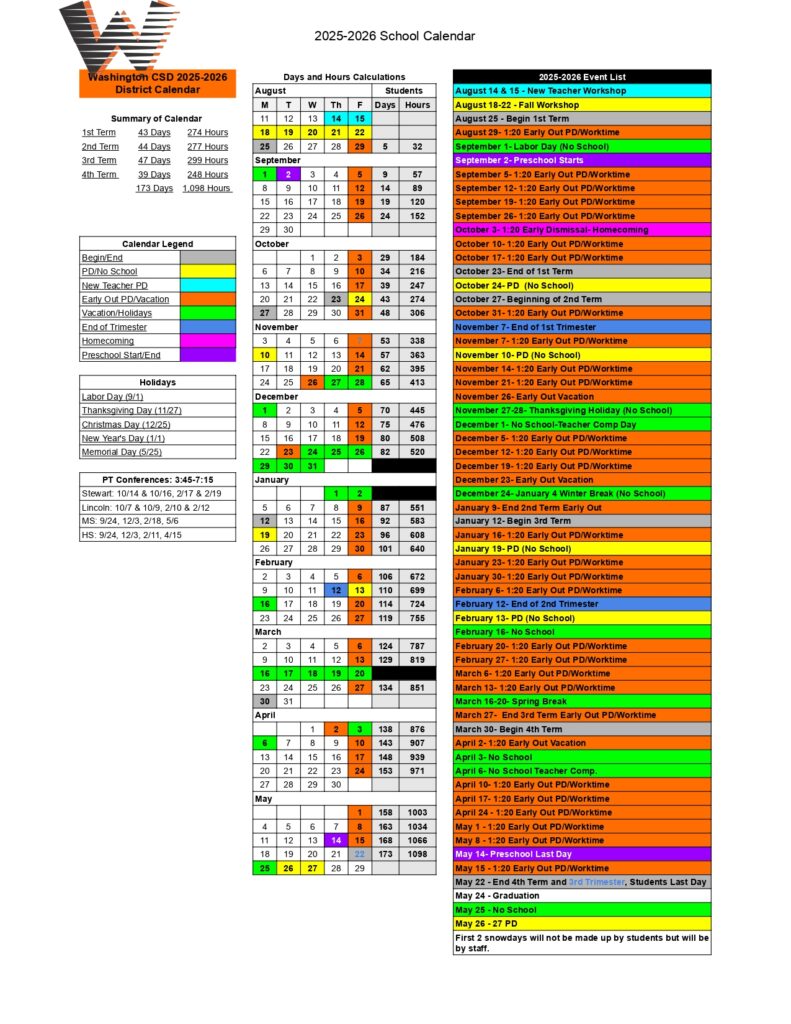 Washington Community Schools calendar