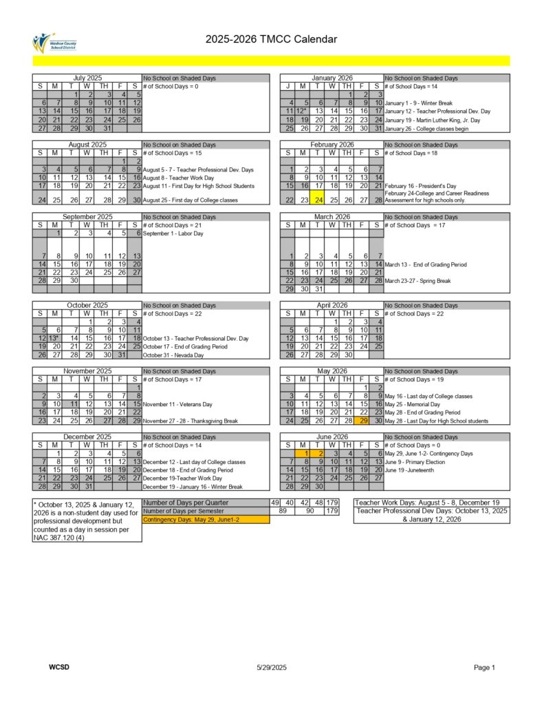 Washoe County School District 25-26, 1 calendar