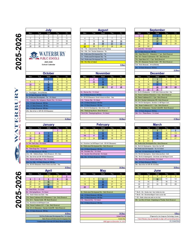 Waterbury Public Schools Calendar 25-26 Revised [pdf] - EduCounty