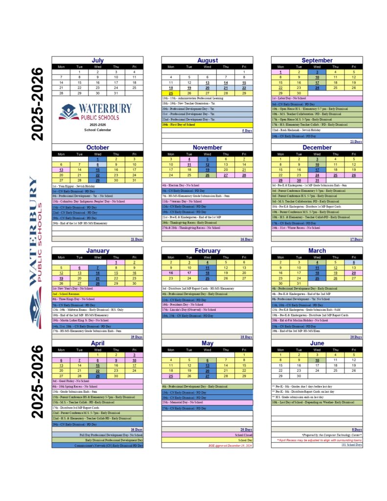 waterbury public schools calendar