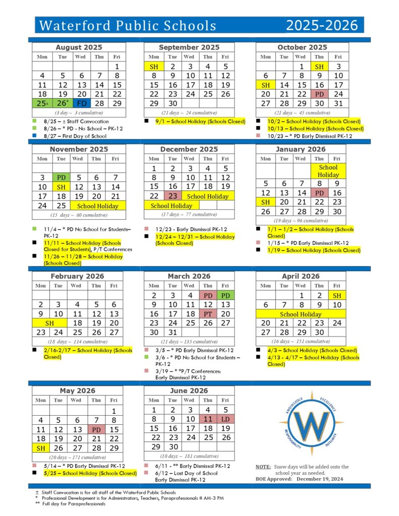 Waterfront Schools Calendar 25-26