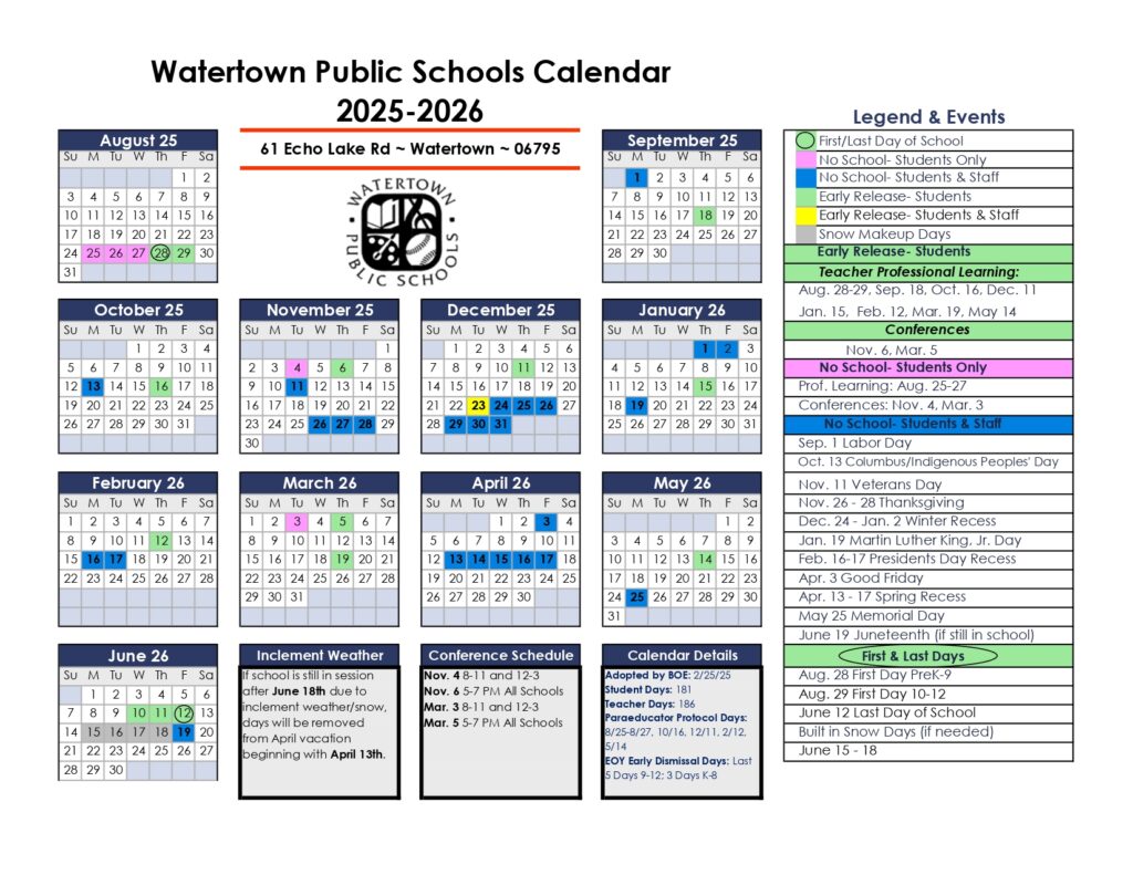 Watertown Public Schools calendar