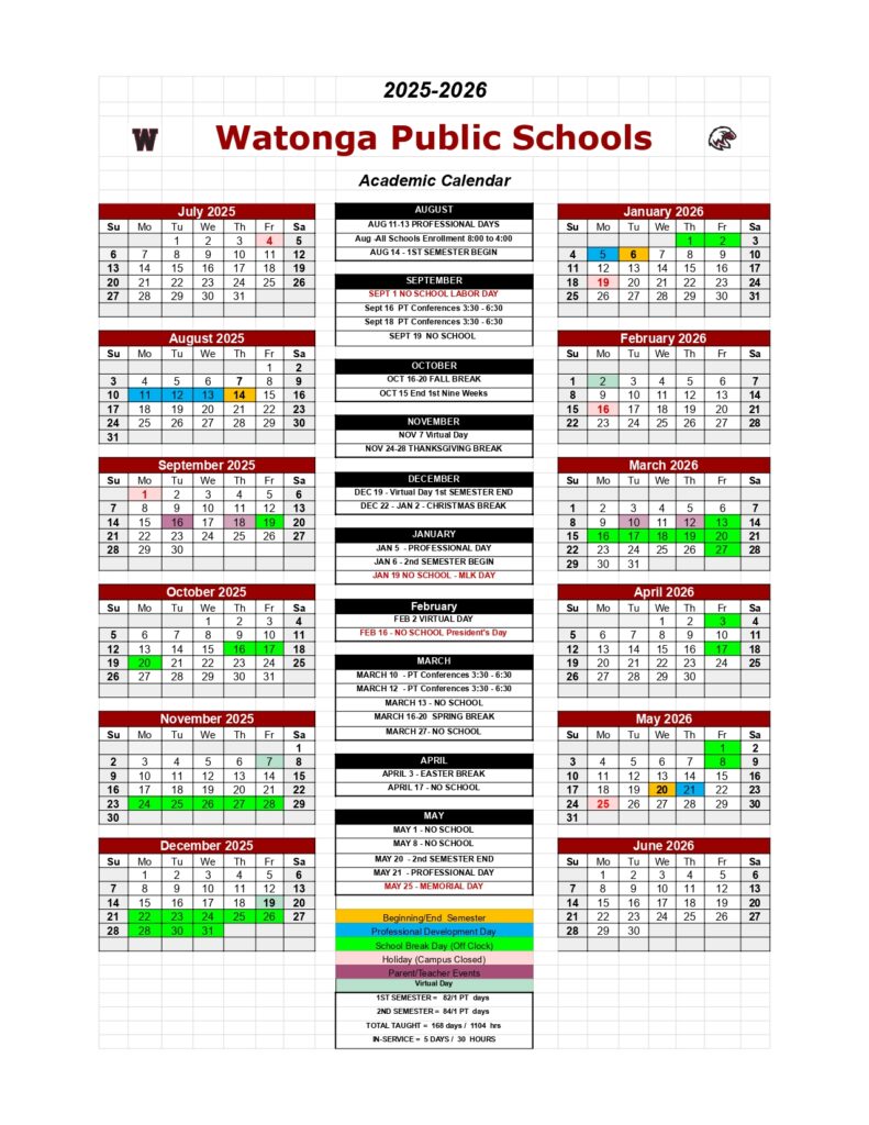 Watonga Public Schools, 25-26 calendar