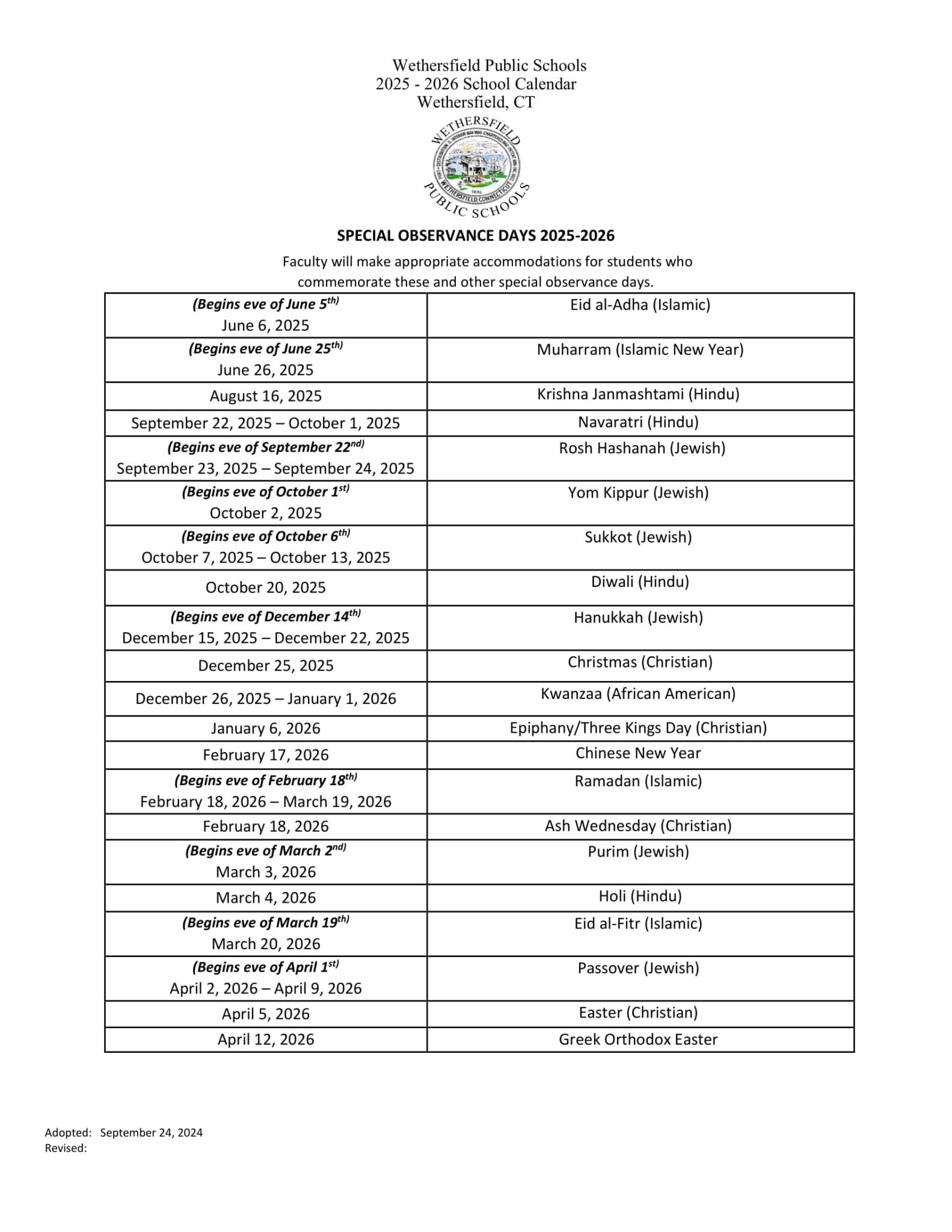 Wethersfield Public Schools CT Calendar 25-26 Revised [pdf] - EduCounty