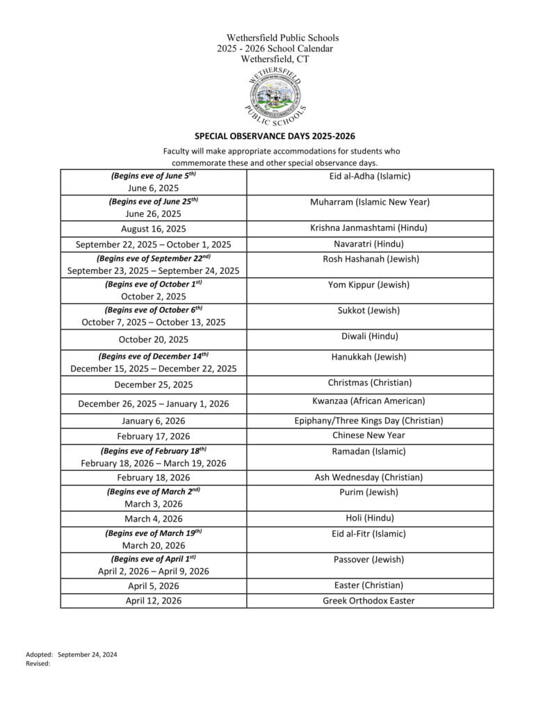 Wethersfield Public Schools CT Calendar 25 26 Revised pdf EduCounty