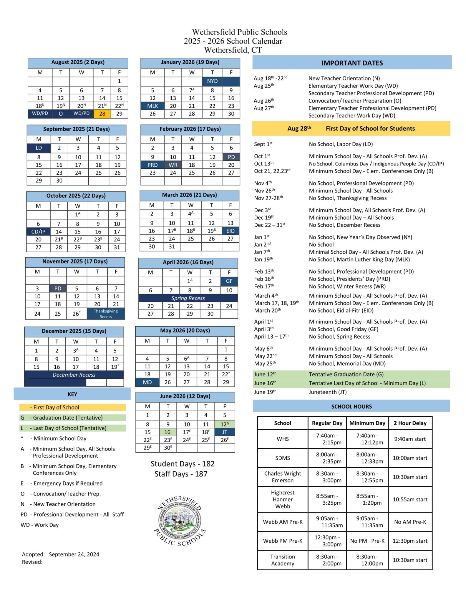 Wethersfield Public Schools CT Calendar 25 26 Revised pdf EduCounty