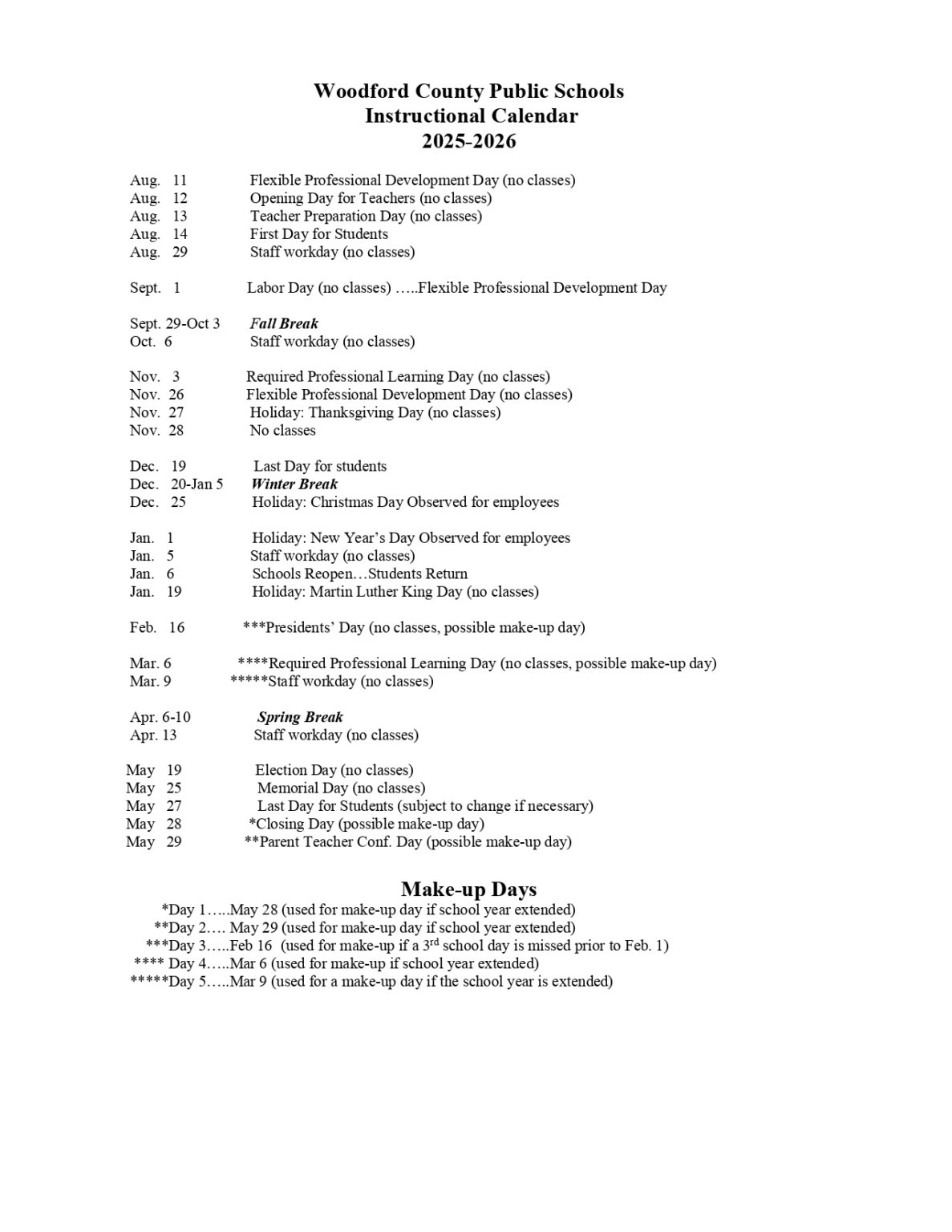 Woodford County Public Schools Calendar 25 26 Revised PDF EduCounty
