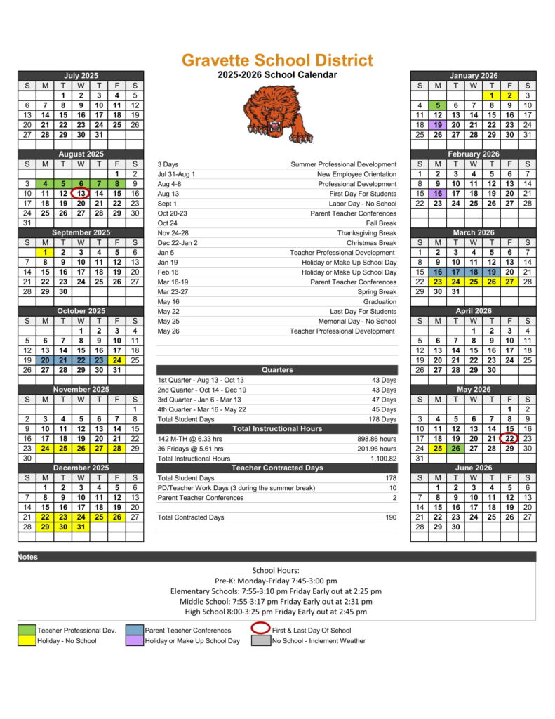 Gravette School District calendar