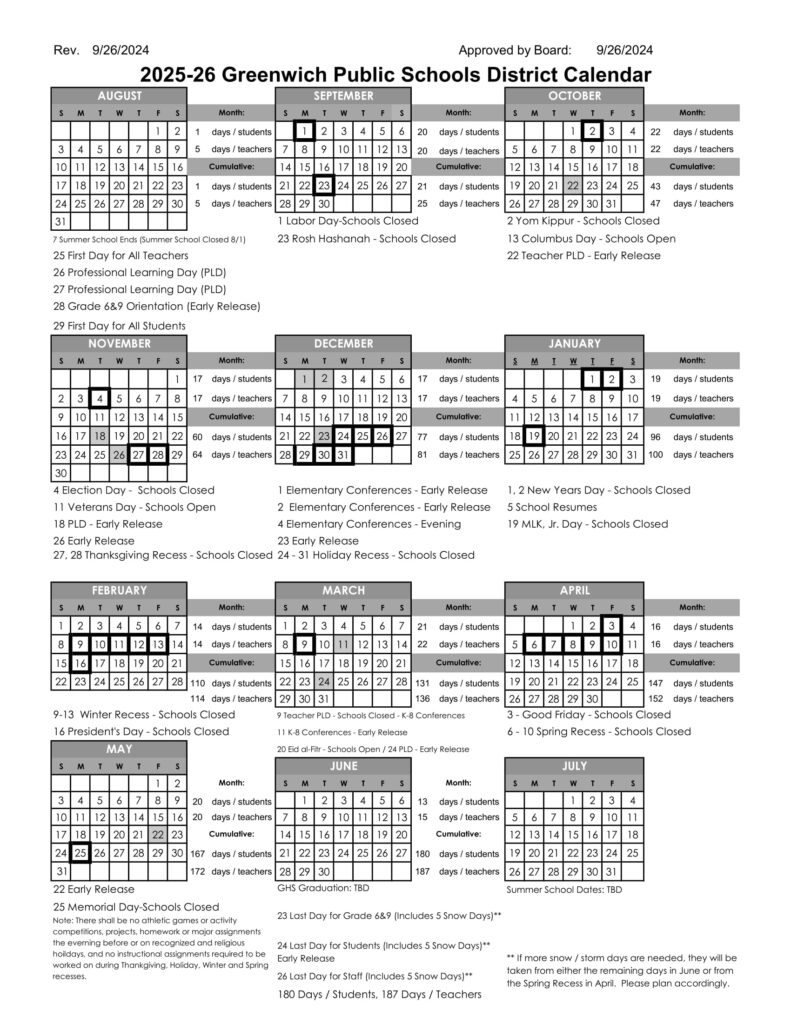 greenwich public schools calendar