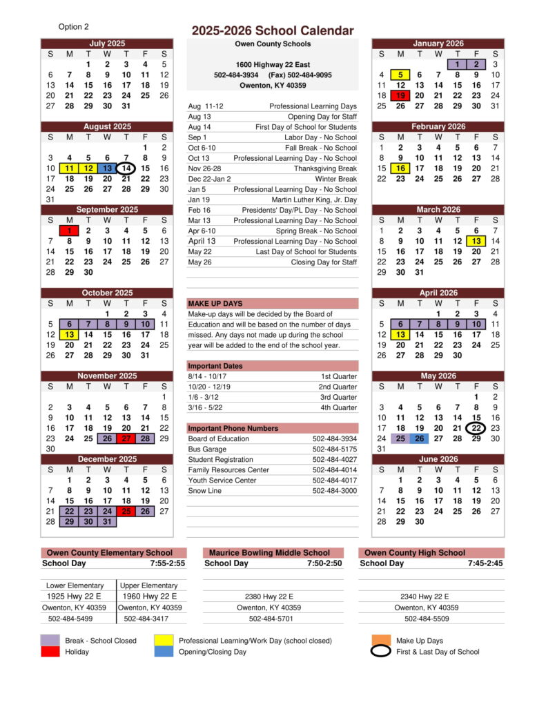 owen county schools calendar