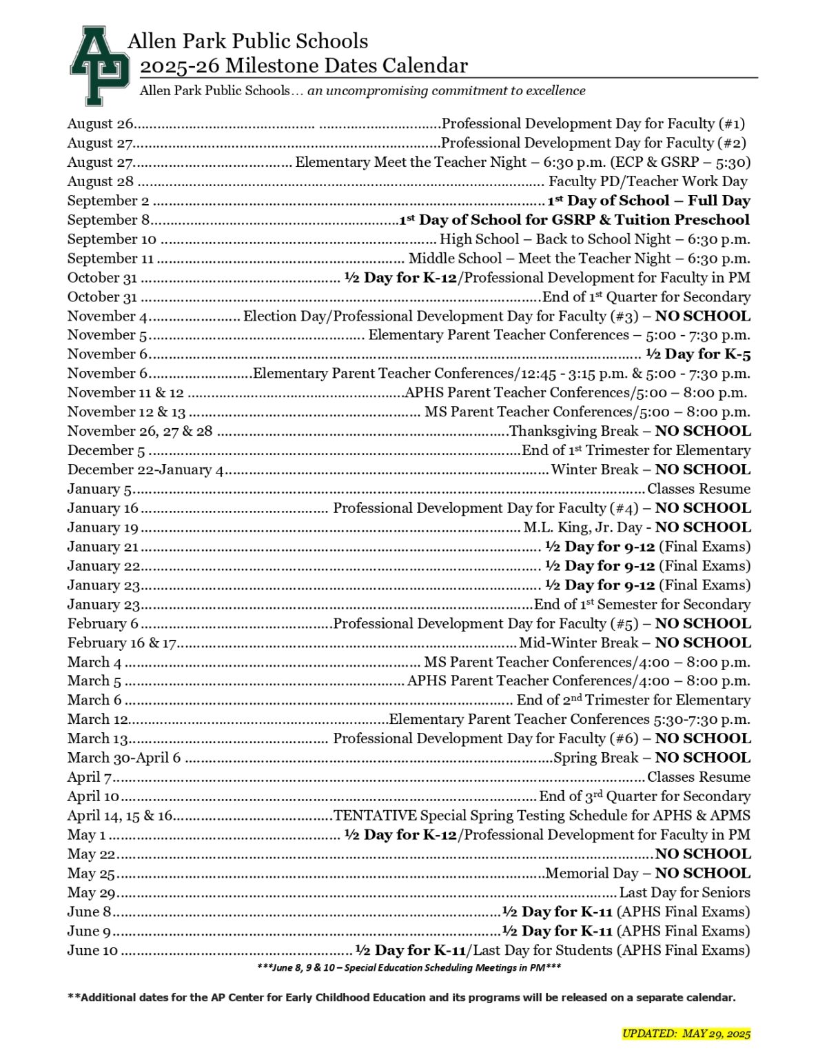 Allen Park Public Schools MI Calendar 25 26 Revised pdf EduCounty