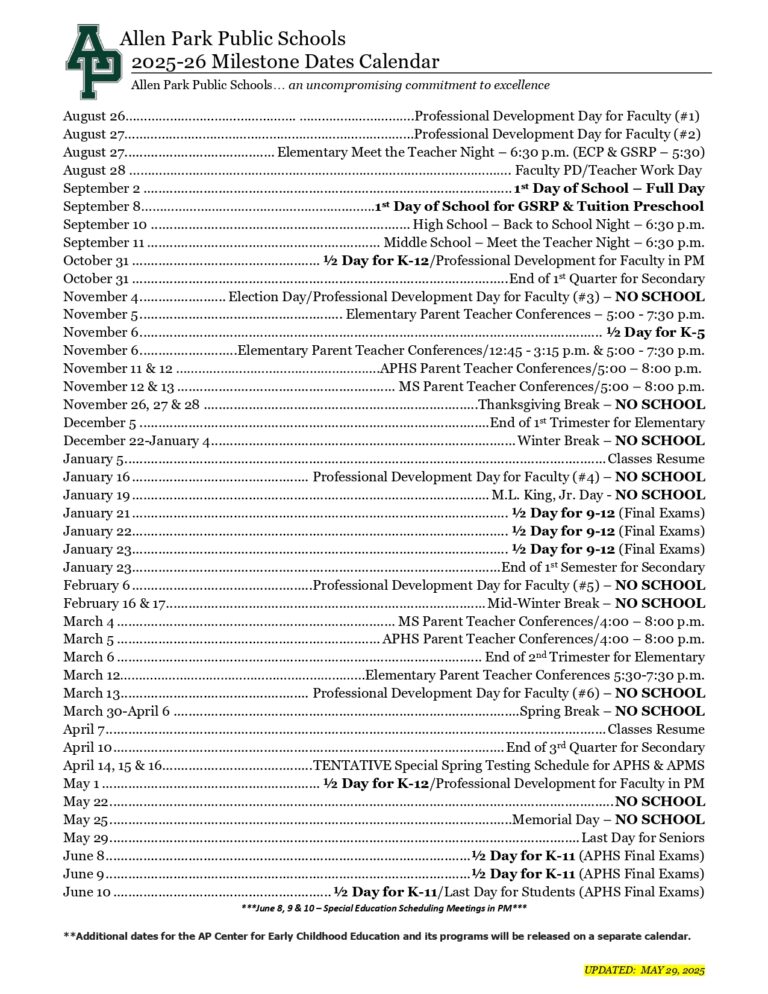 Allen Park Public Schools MI Calendar 25 26 Revised pdf EduCounty