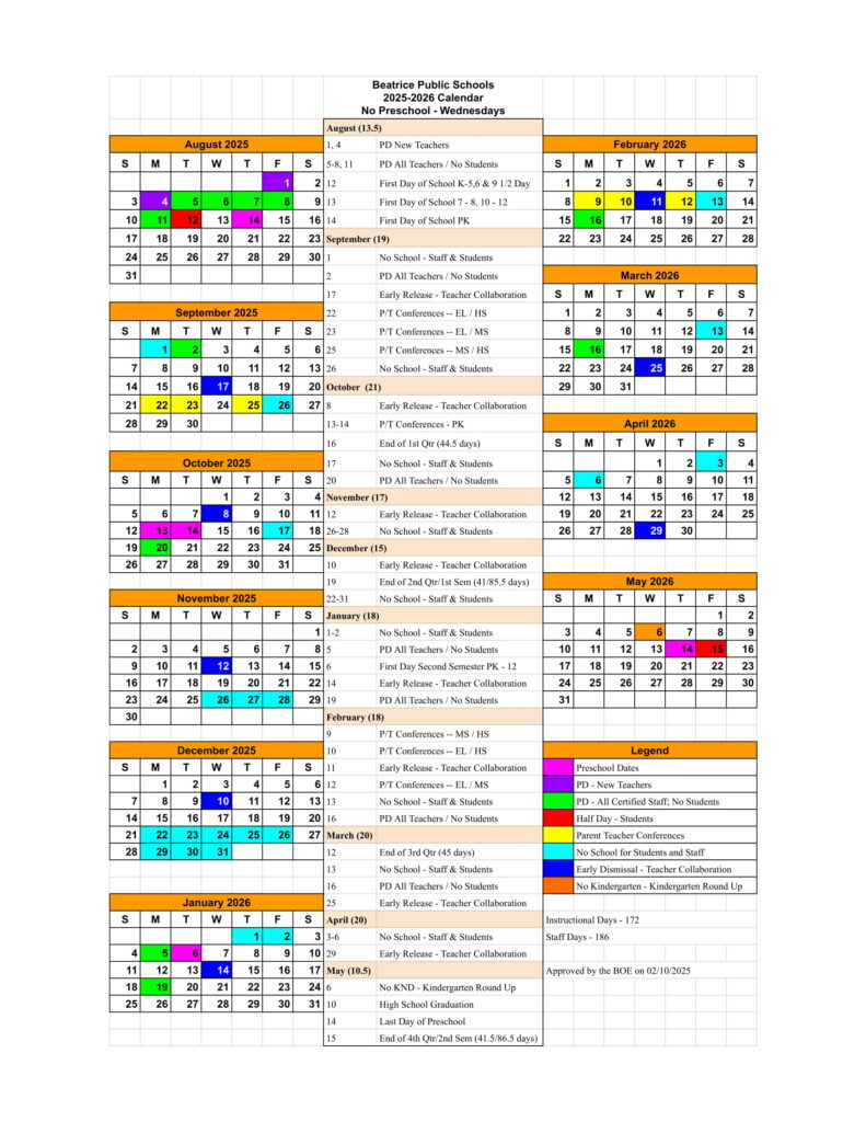 Beatrice Public Schools calendar