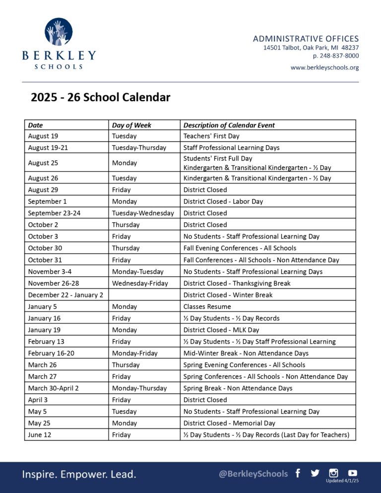 Berkley School Calendar 2026