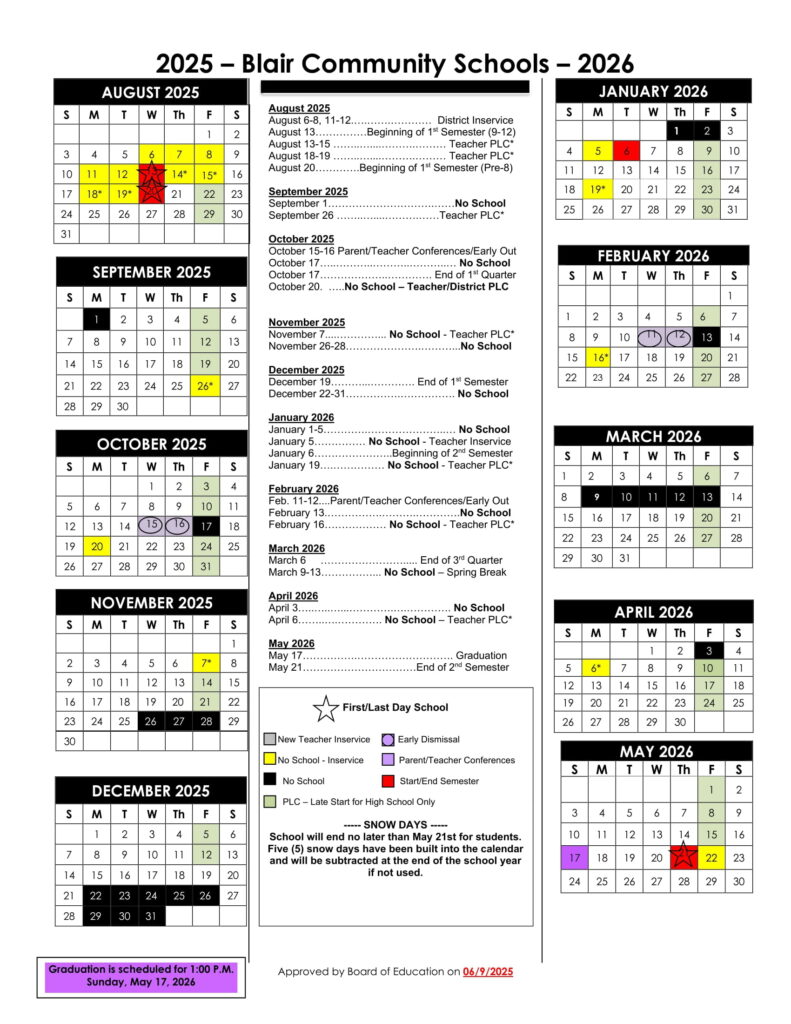Blair Community Schools calendar