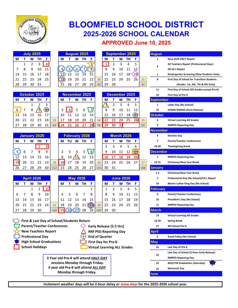 Bloomfield School District NM Calendar 25-26 Revised [pdf]
