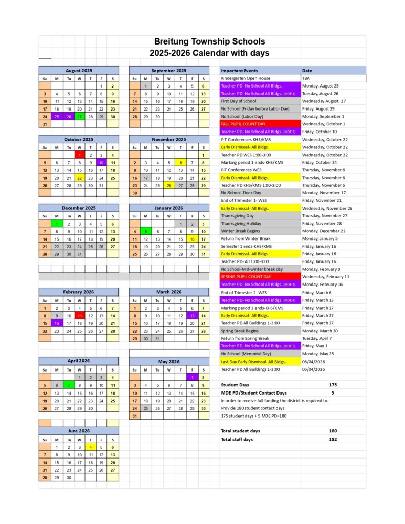 Breitung Township Schools, 25-26 calendar