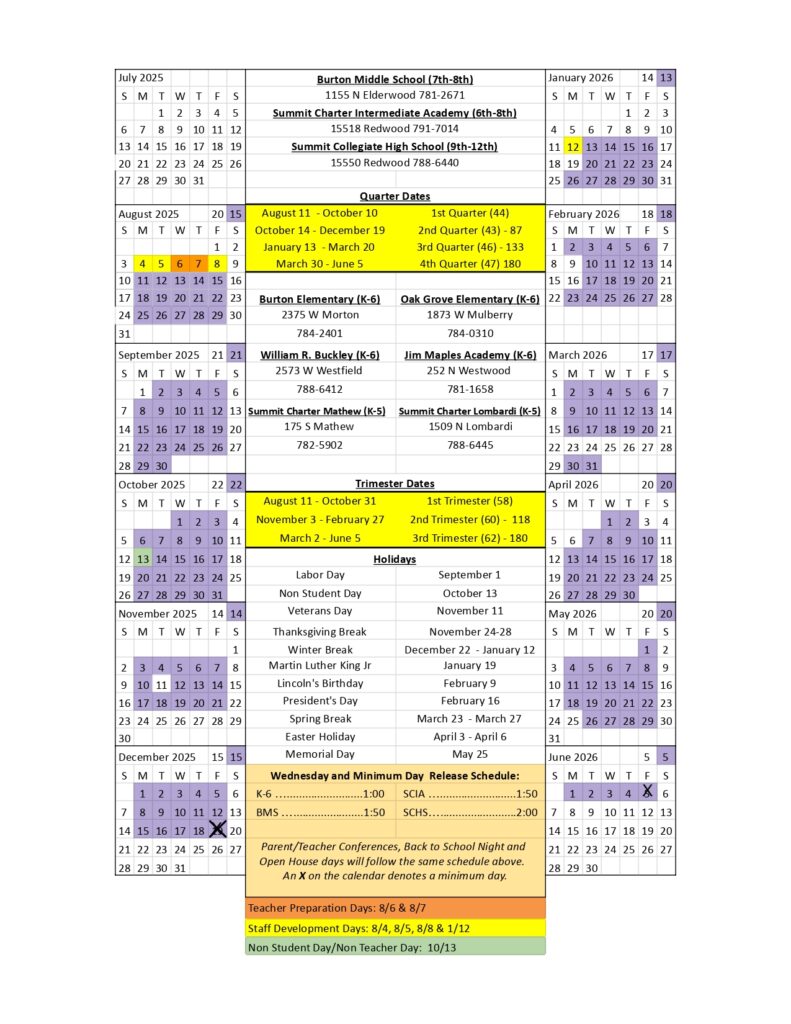 Burton Middle School calendar