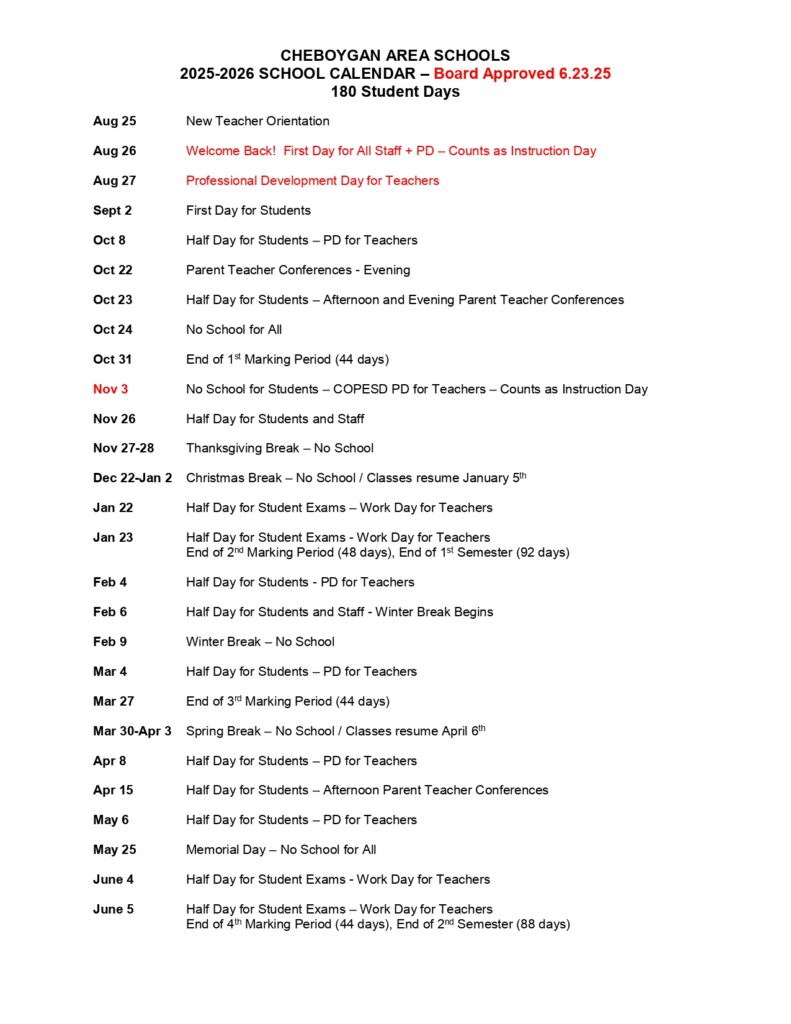 Cheboygan Area Schools mi calendar