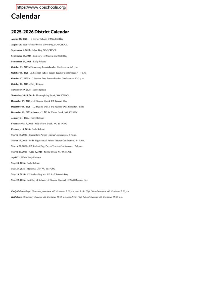 Centreville Public Schools calendar