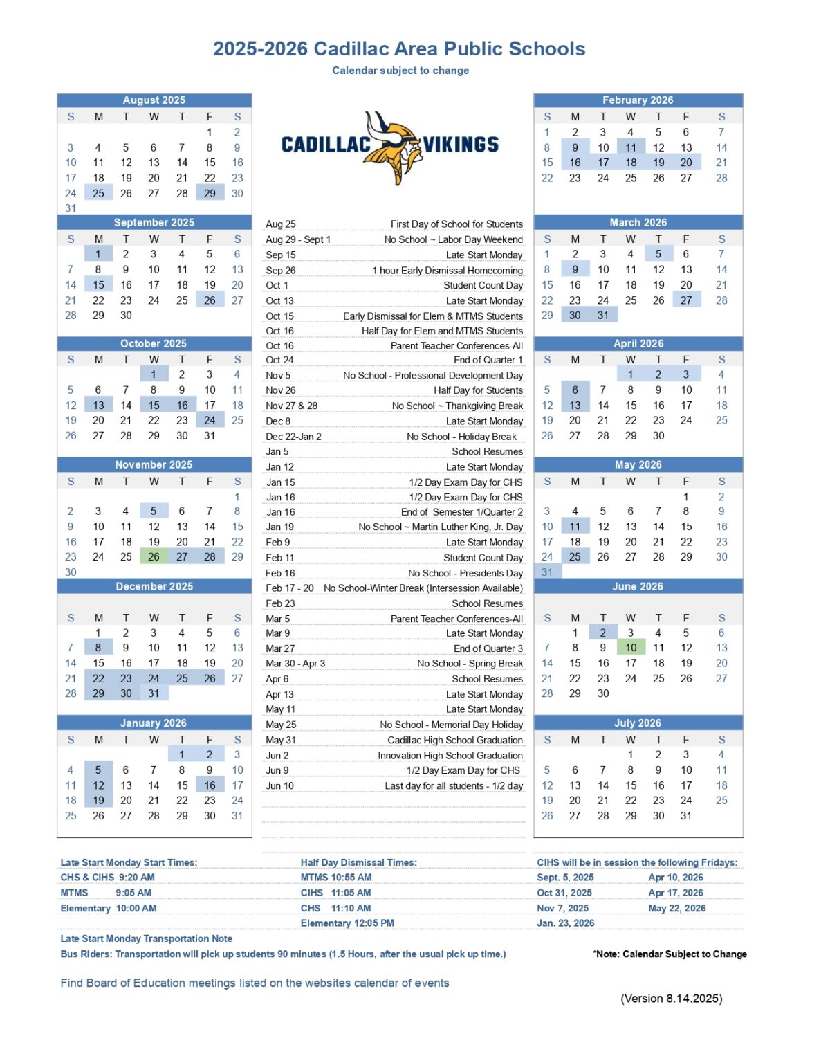 Cadillac Area Public Schools mi Calendar 25 26 revised EduCounty
