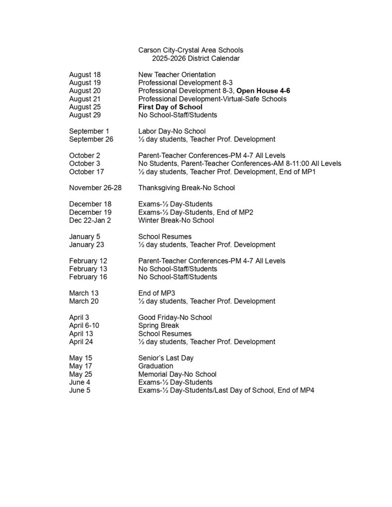 Carson City-Crystal Area Schools calendar