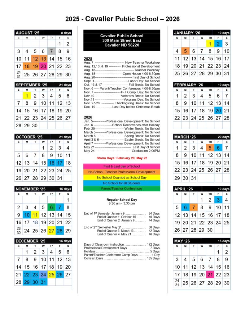Cavalier Public Schools nd calendar