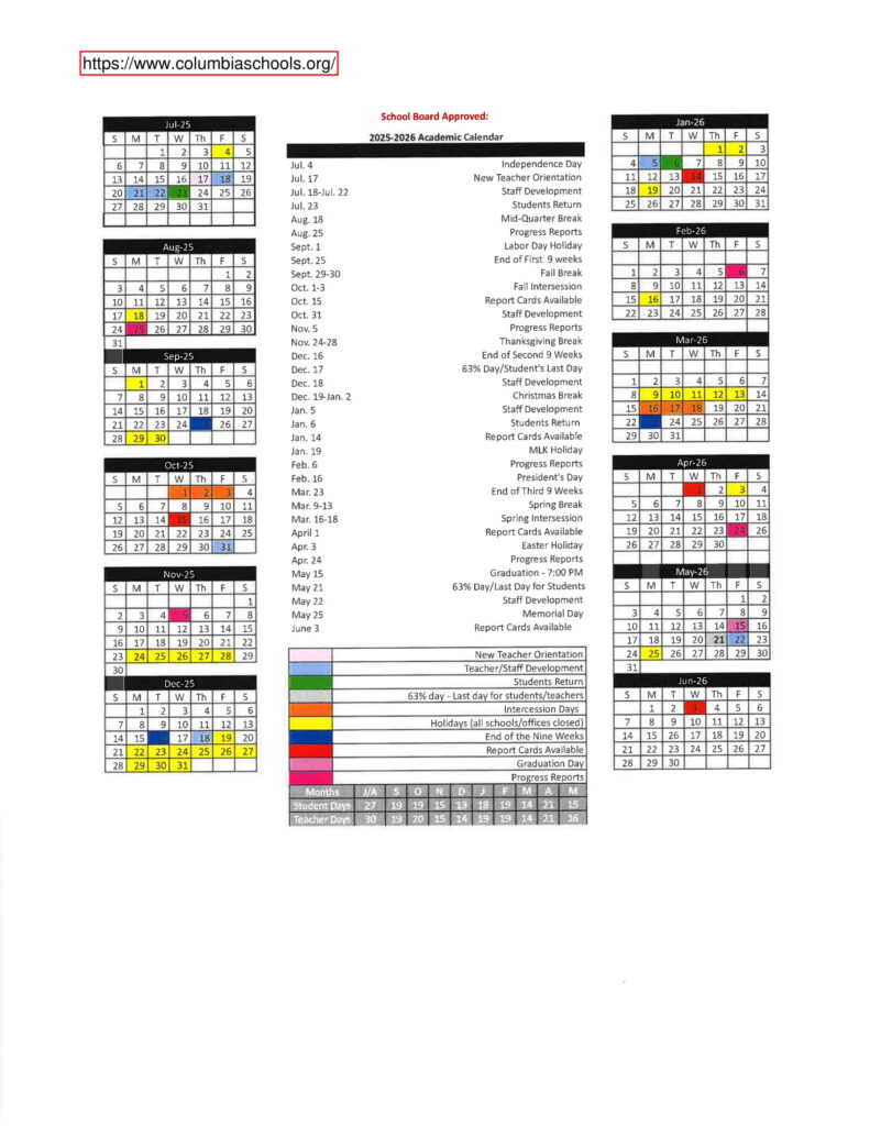 Columbia School District calendar