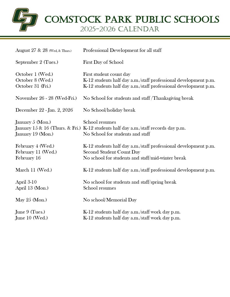 Comstock Park calendar