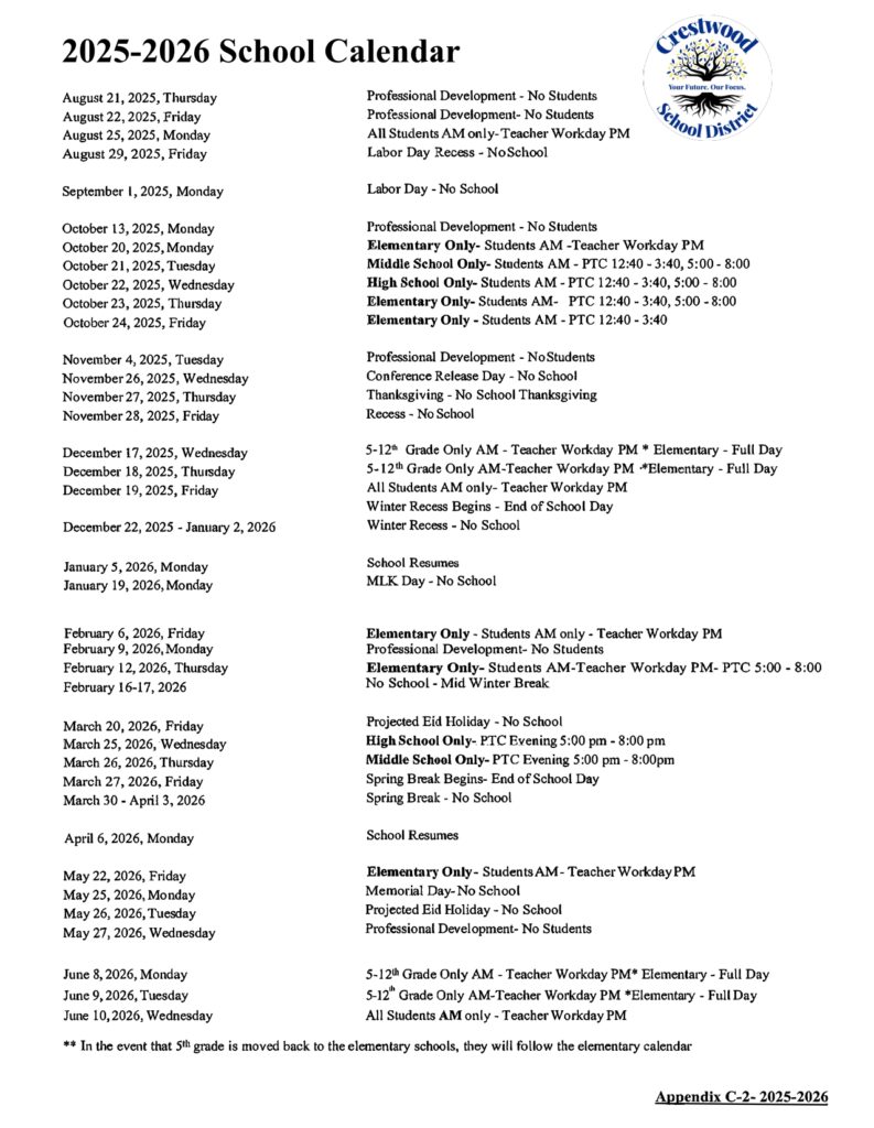 Crestwood School District 25-26 calendar
