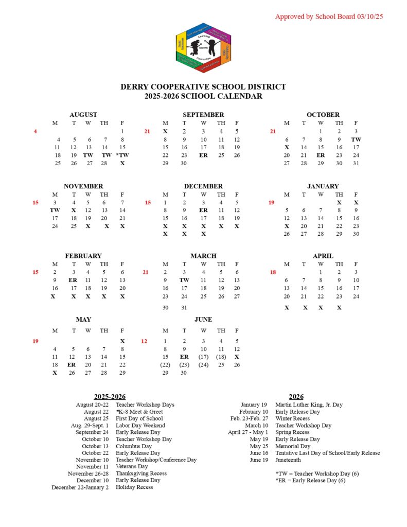 DERRY COOPERATIVE SCHOOL DISTRICT 25-26 calendar