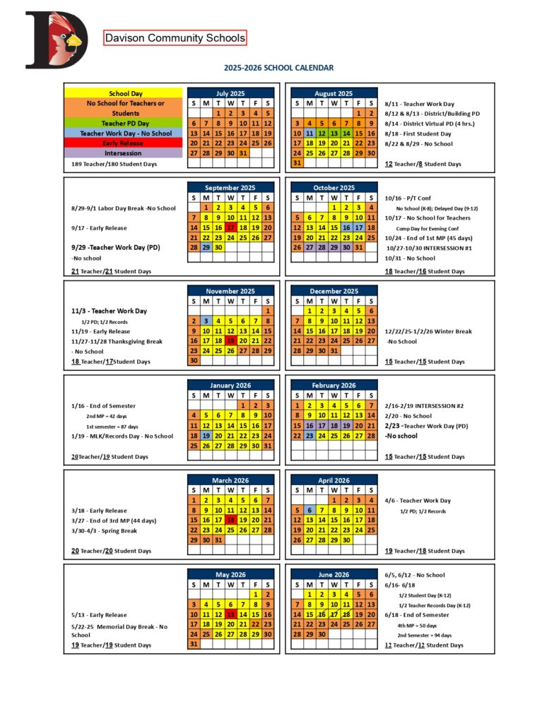 Davison Community Schools MI Calendar 25 26 Revised pdf EduCounty