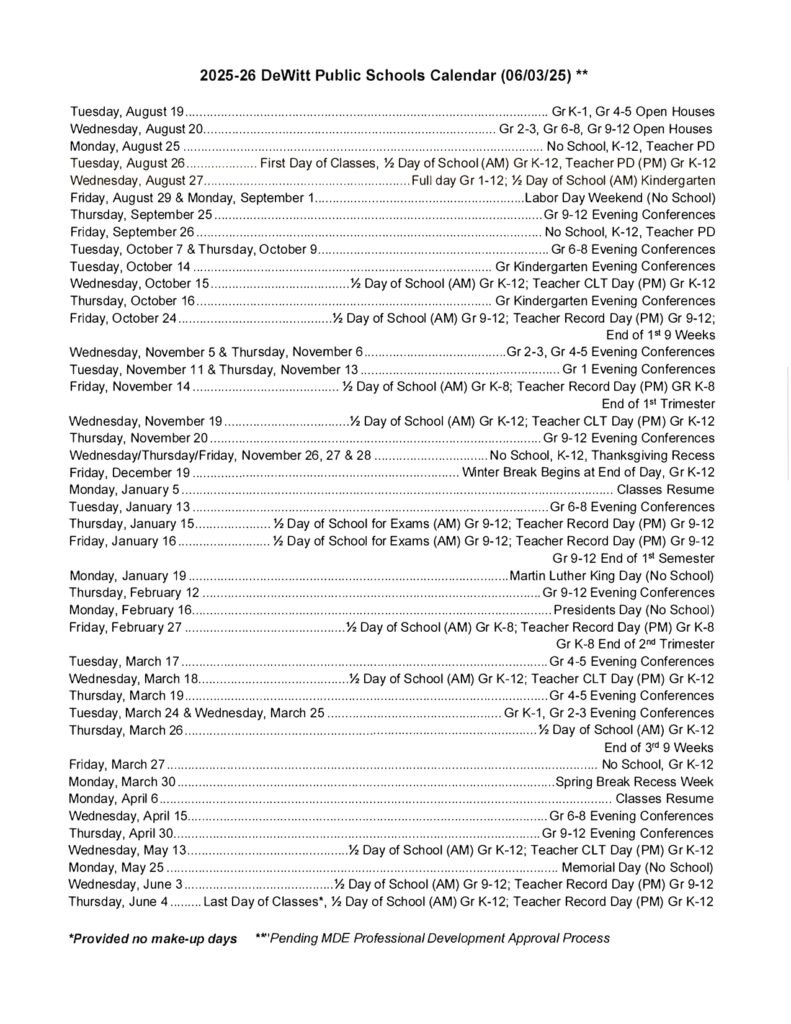 DeWitt Public Schools MI Calendar