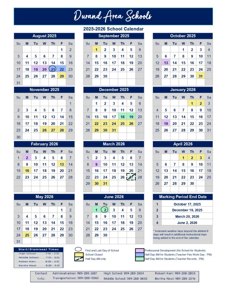 Durand Area Schools 25-26 calendar