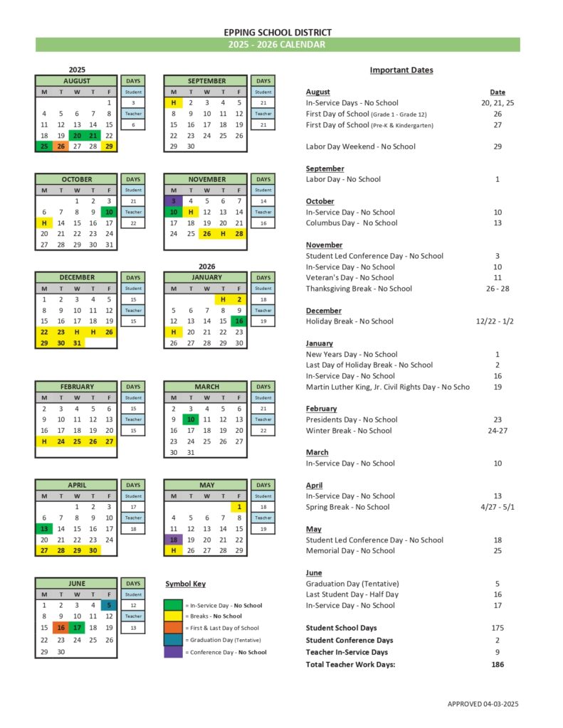 epping school district calendar