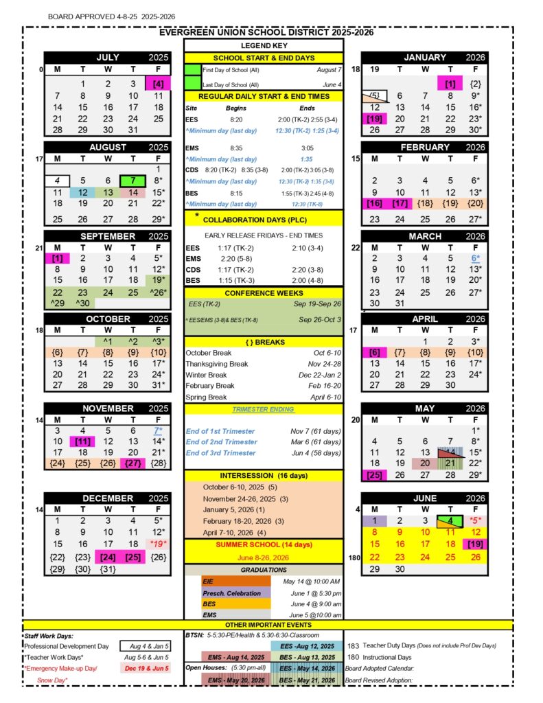 Evergreen Union School District 25-26 calendar