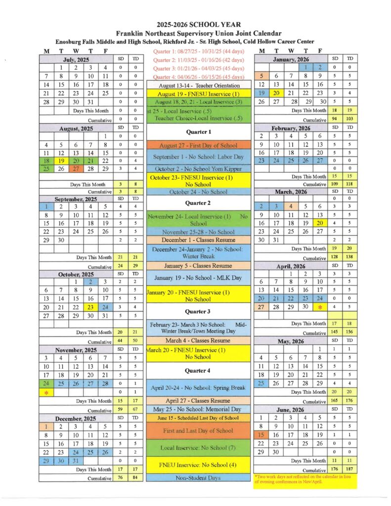 Franklin Northeast Supervisory Union Joint Calendar, 25-26