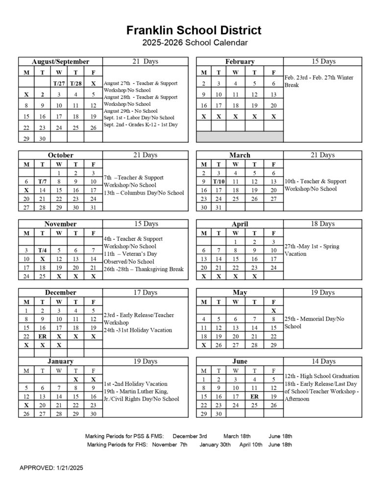 Franklin School District Calendar