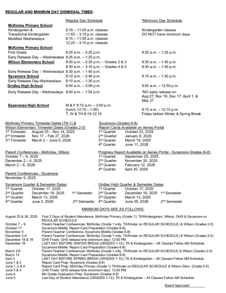 Gridley Unified School District calendar