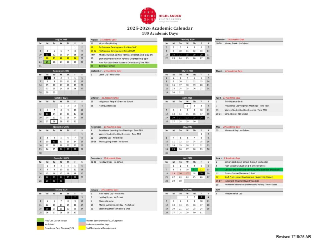 HIGHLANDER CHARTER SCHOOL 25-26 calendar