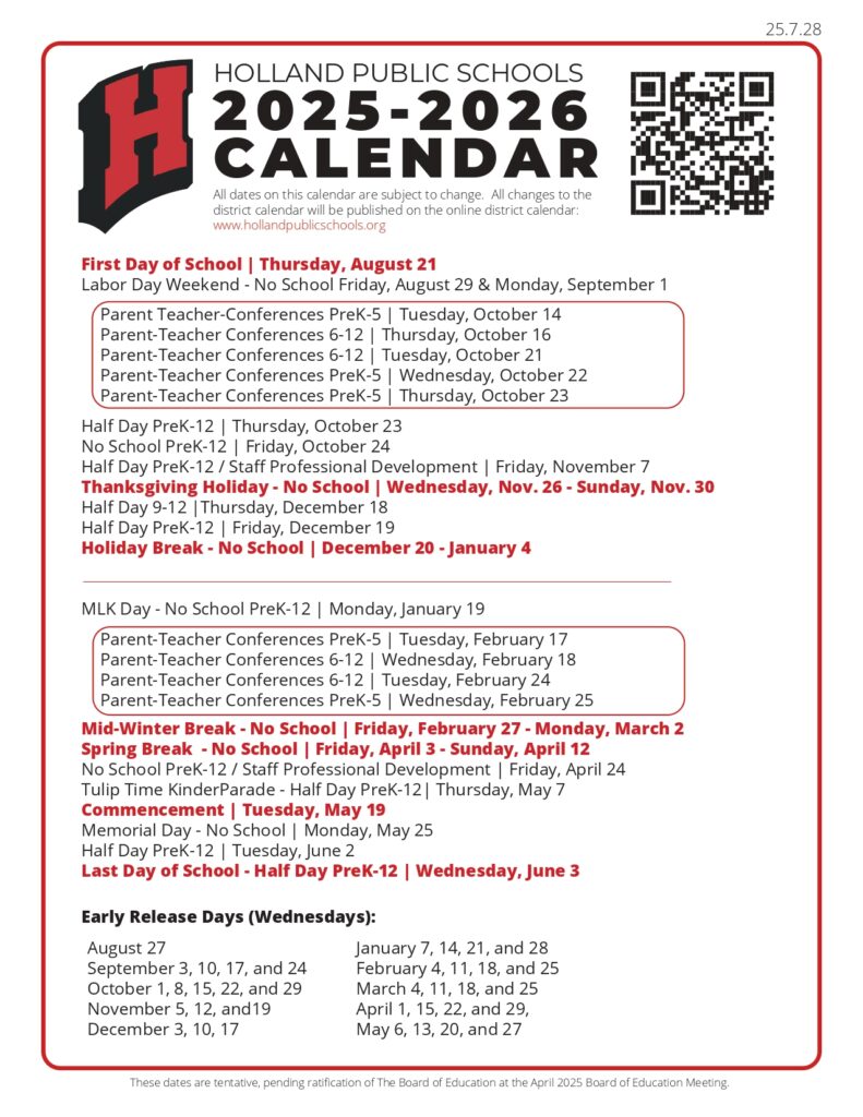 holland public schools calnedar