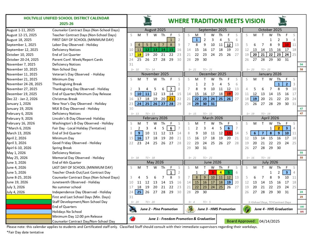 HOLTVILLE UNIFIED SCHOOL DISTRICT 25-26 calendar