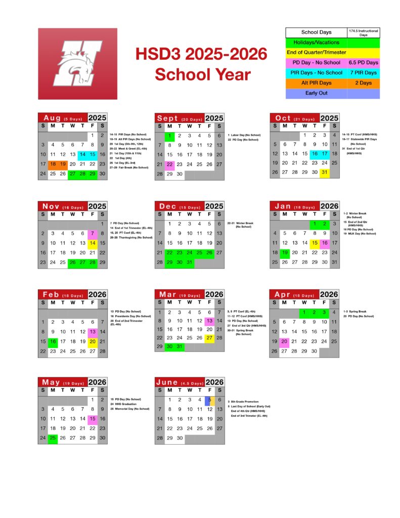 Hamilton School District #3 calendar